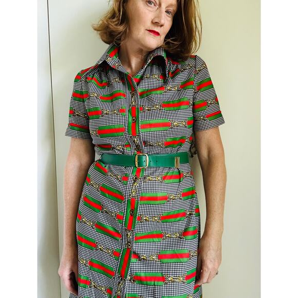 Vintage 60 Mod Style Dress Houndstooth Buckle Design Green/Red Designer Sz 6-8 - Picture 7 of 11